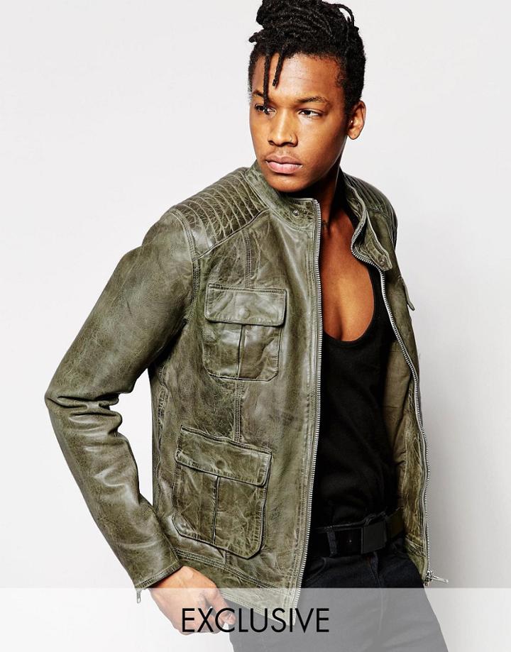 Black Dust Leather Biker Jacket With Pockets - Green