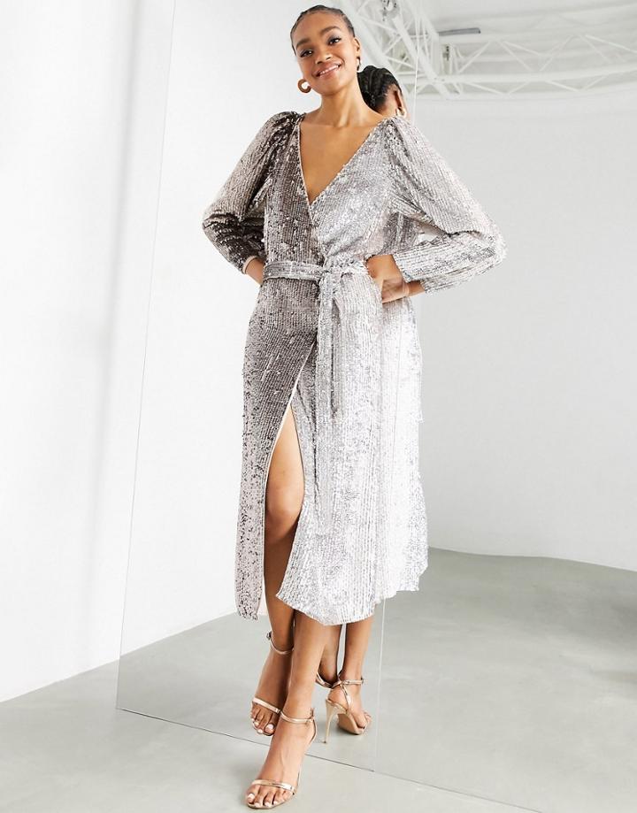 Asos Edition Ombre Sequin Wrap Dress In Silver