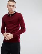 Asos Knitted Polo With Zip Neck & Contrast Tipping In Burgundy - Red