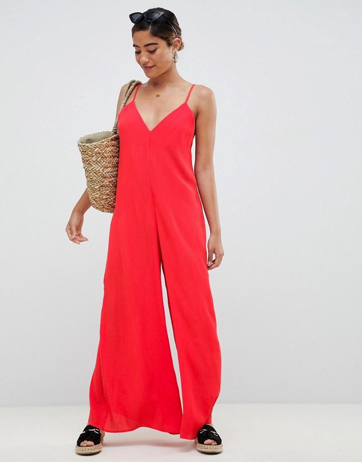Asos Design Deep V Strap Back Jumpsuit-red