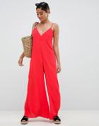Asos Design Deep V Strap Back Jumpsuit-red
