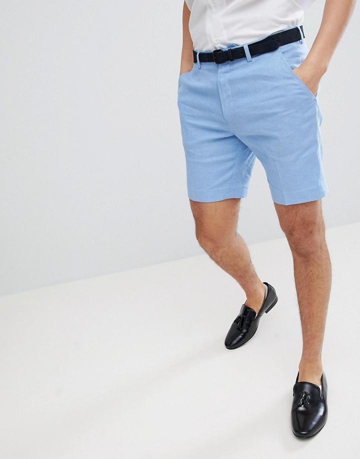 Asos Design Wedding Slim Mid Length Smart Shorts In Blue Linen - Blue