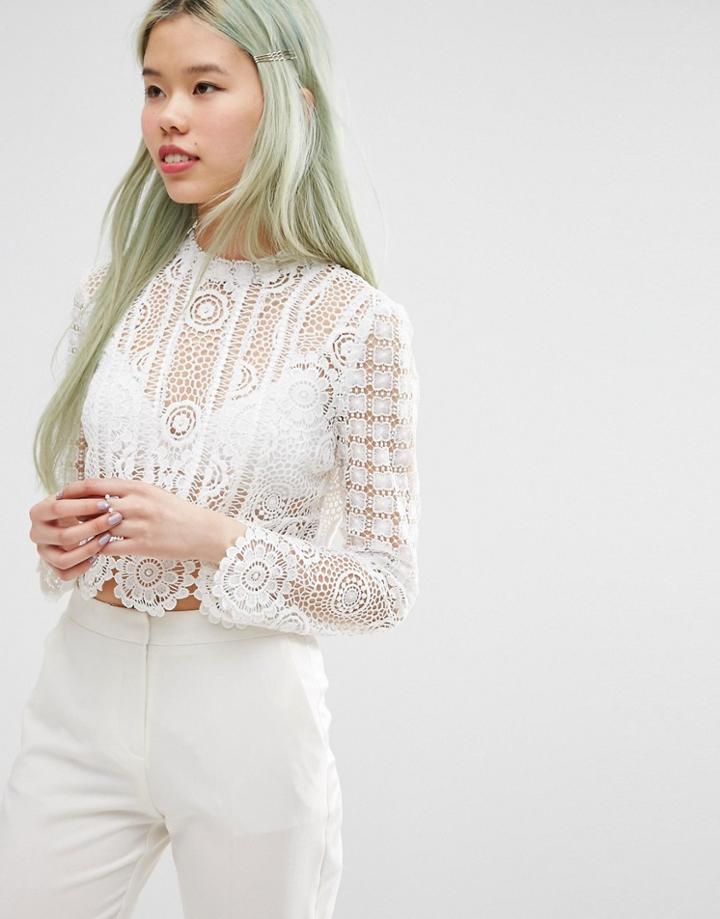 Asos Premium High Neck Top In Lace - White