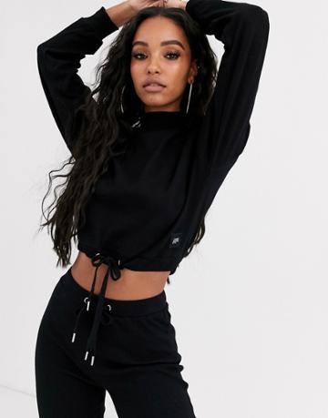 Sixth June Long Sleeve Crop Top With Drawstring Waist In Soft Rib Two-piece-black
