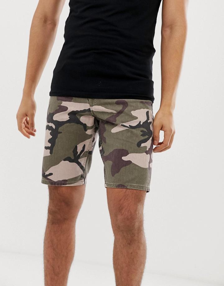 Asos Design Slim Denim Short In Camo Print - Green
