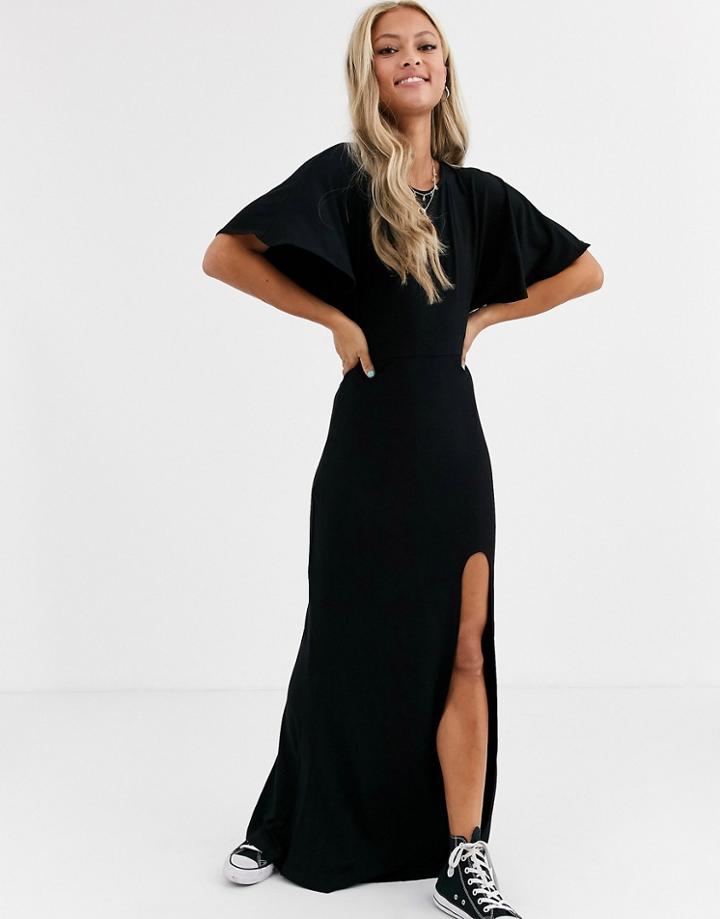 Asos Design Flutter Sleeve Backless Maxi Dress With High Split-black