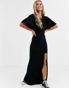 Asos Design Flutter Sleeve Backless Maxi Dress With High Split-black
