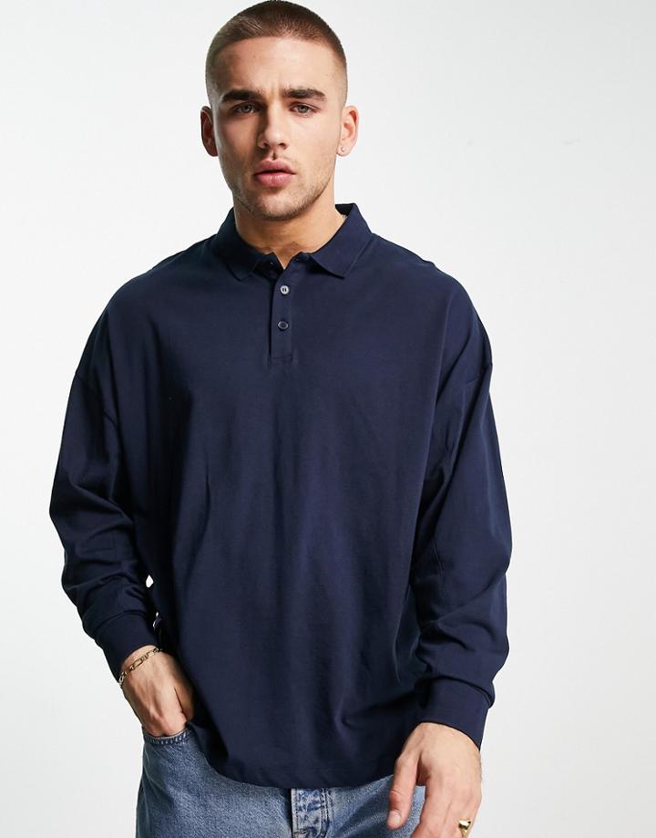 Asos Design Oversized Long Sleeve Polo With Balloon Sleeve In Navy