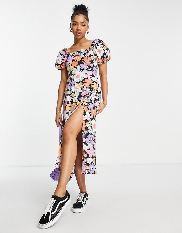 Miss Selfridge Puff Sleeve Midi Dress In Oversized Floral-multi