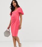 Blume Maternity Wrap Front Midi Jersey Dress With Cap Sleeve In Coral-pink