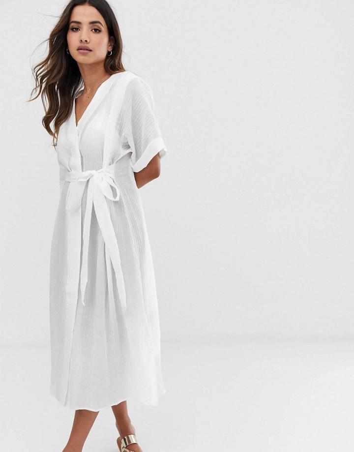 Y.a.s Textured Cotton Tie Waist Shirt Dress-white