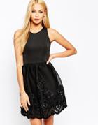 Lipsy Full Prom Skater Dress With Lace Embroidered Skirt - Black