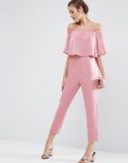 Asos Ruffle Bardot Jumpsuit In Satin - Pink