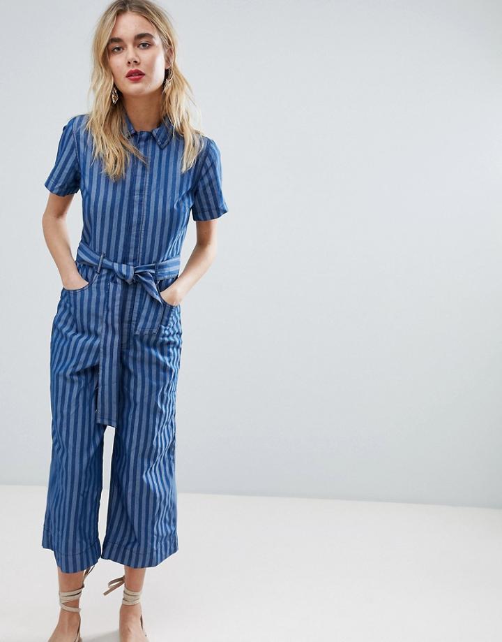 Warehouse Tie Waist Stripe Jumpsuit - Blue