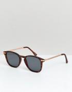 Asos Design Square Sunglasses In Matte Tort With Gold Metal Details & Smoke Lens - Brown
