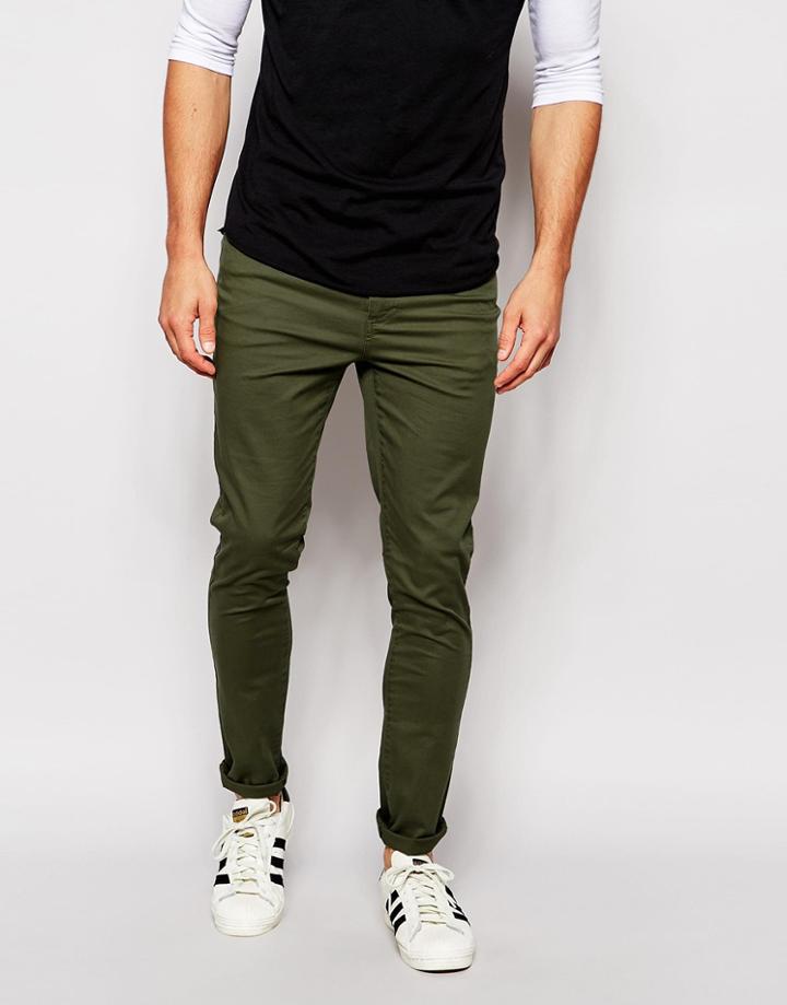 Asos Super Skinny Pants In Dark Khaki - Forest Night