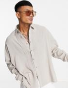 Asos Design Oversized Washed Linen Look Shirt With Pleat Detail In Taupe-brown
