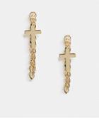 Asos Design 4mm Stud Earrings With Chain And Crosses In Gold Tone