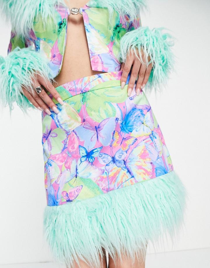 Elsie & Fred Mini Skirt In Retro Butterfly Velvet With Fur Trim - Part Of A Set-multi
