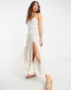 Asos Design Tiered Belted Maxi Sundress In Natural Crinkle In Stone-neutral