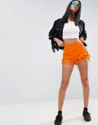Asos Denim Side Split Shorts In Orange With Rips - Orange