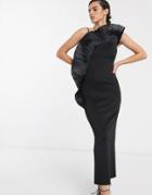 Asos Design Premium Pleated Tulle Fan Detail Maxi Dress In Black