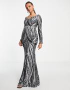 Goddiva Embroidered Off Shoulder Long Sleeved Maxi Dress In Gray And Black-silver