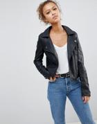 Brave Soul Pu Biker Jacket With Lace Up Sleeve Detail - Black