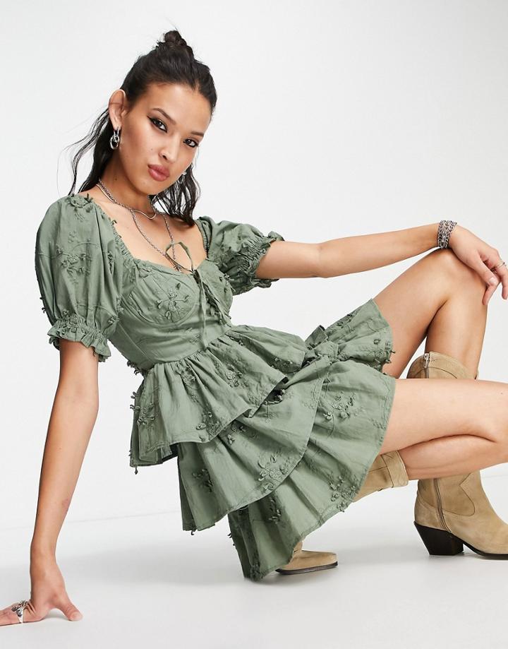 Asos Design 3d Floral Tiered Mini Dress With Tie Detail In Dark Khaki-green