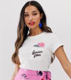 Brave Soul Petite Summer Vibes T Shirt With Pocket Embroidery - White