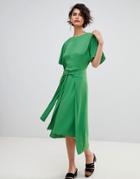 Warehouse Kimono Sleeve Knot Front Midi Dress - Green