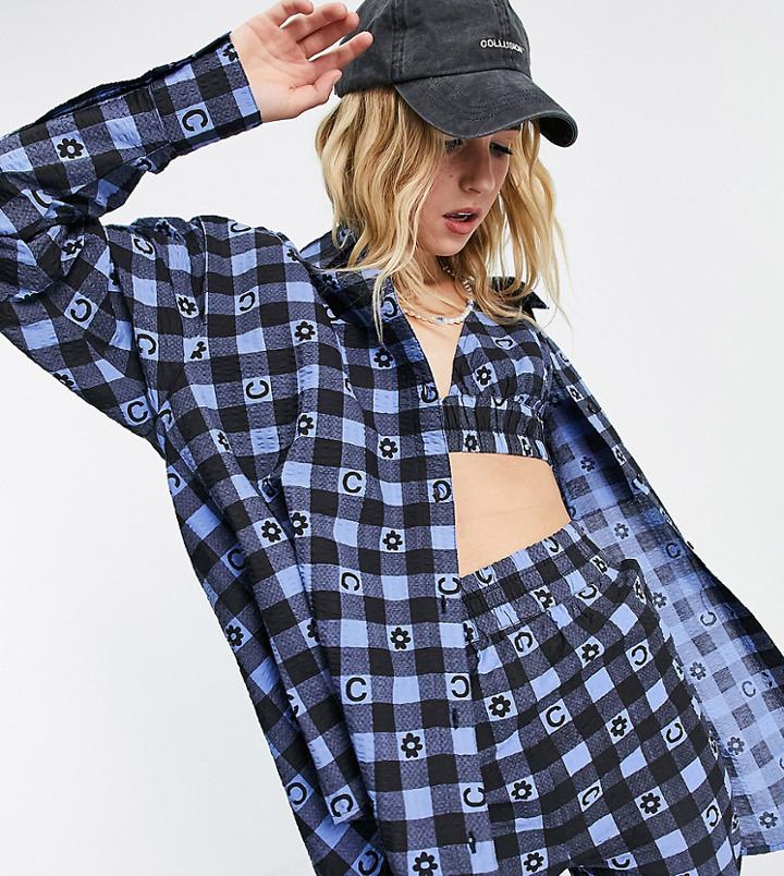 Collusion Seersucker Gingham Oversized Shirt In Blue Print - Part Of A Set-multi