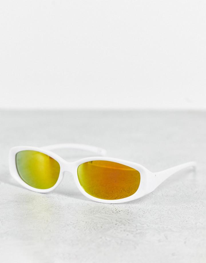 Asos Design Recycled Y2k Runner Sunglasses In White And Mirror Orange Lens