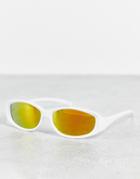 Asos Design Recycled Y2k Runner Sunglasses In White And Mirror Orange Lens