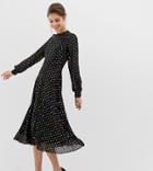 Warehouse Midi Dress With Pleated Skirt In Foil Polka Dot - Multi