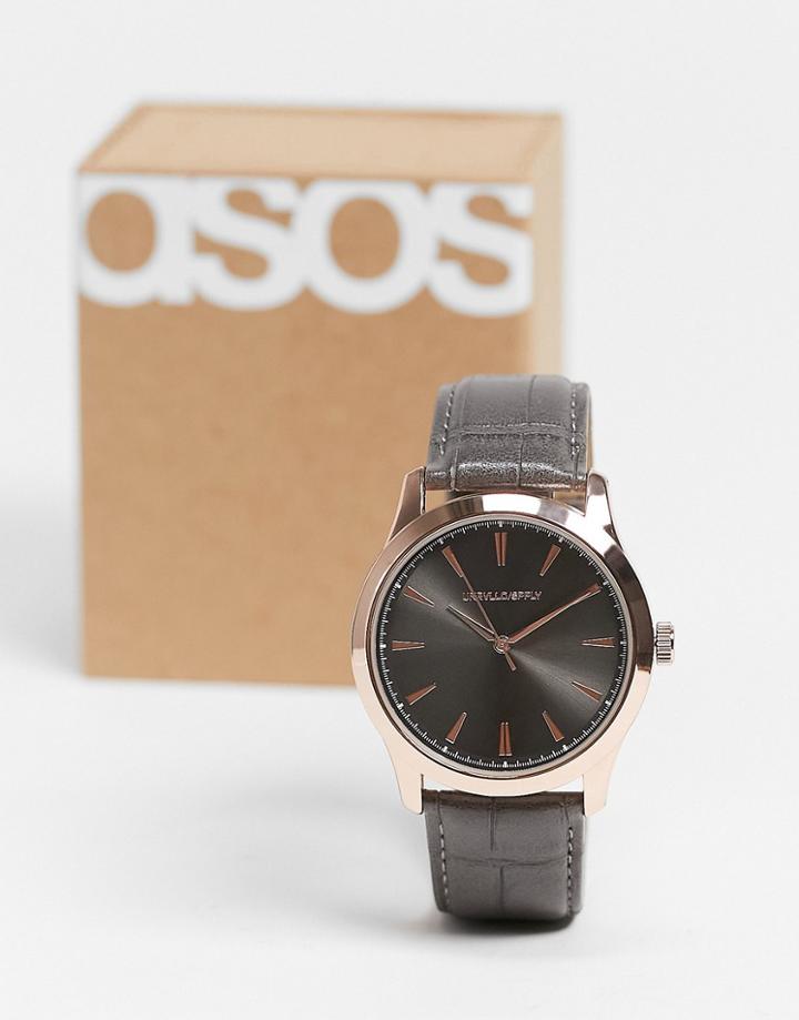 Asos Design Classic Watch With Mock Croc Strap In Gray-black