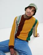 Asos Design Patchwork Fairisle And Cable Knit Sweater In Burgundy And Mustard - Multi