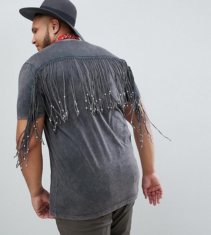 Asos Design Plus Festival Longline T-shirt With Back And Sleeve Beaded Fringing In Acid Wash - Gray