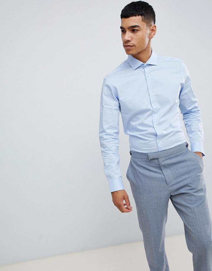 Moss London Long Sleeve Skinny Stretch Shirt In Blue - Blue