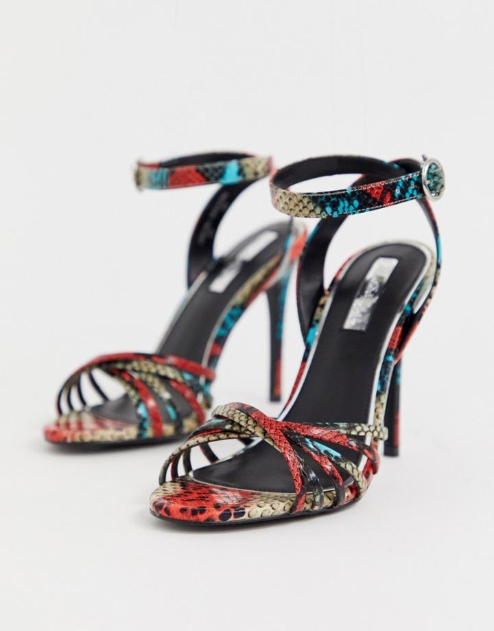 Miss Selfridge Heeled Sandals With Multi Straps In Snake Print - Black
