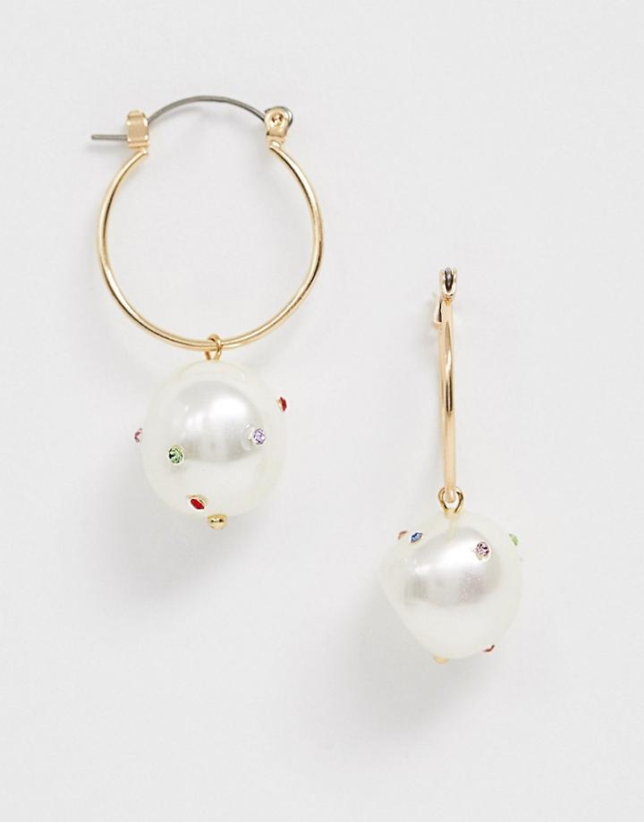 Pieces Rhinestone Drop Pearl Hoop Earring - Silver