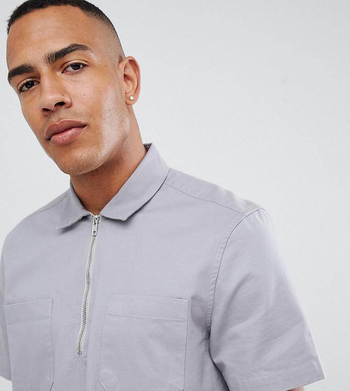 Asos Design Tall Oversized Overhead Half Zip Shirt In Gray - Gray