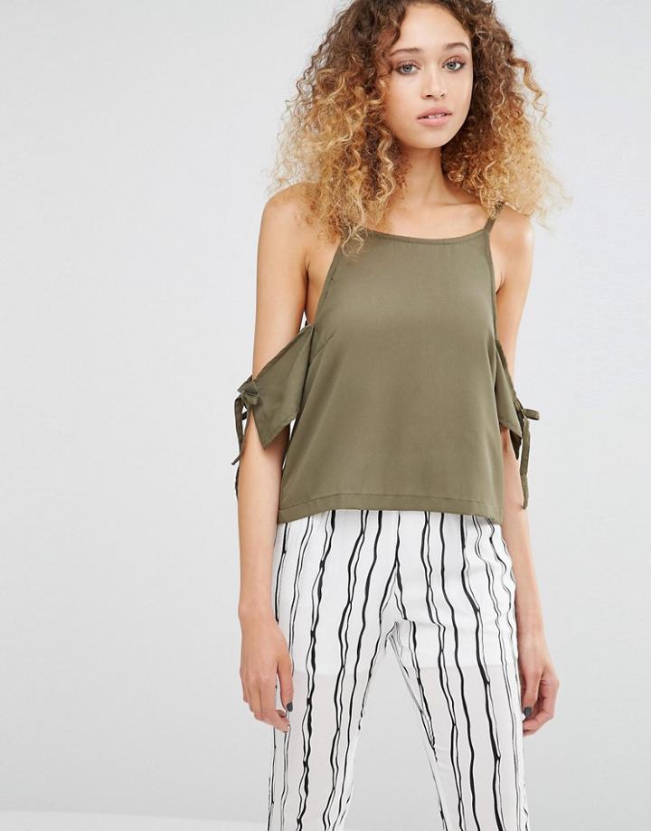 Daisy Street Cold Shoulder Top With Tie Detail - Khaki