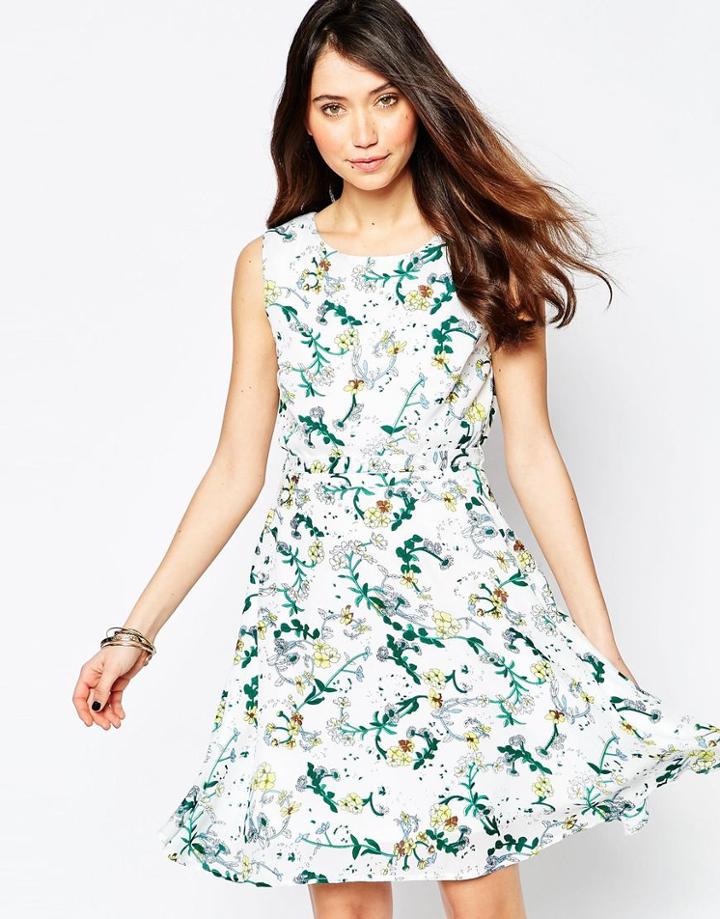 Iska Tie Waist Skater Dress In Floral Print - White