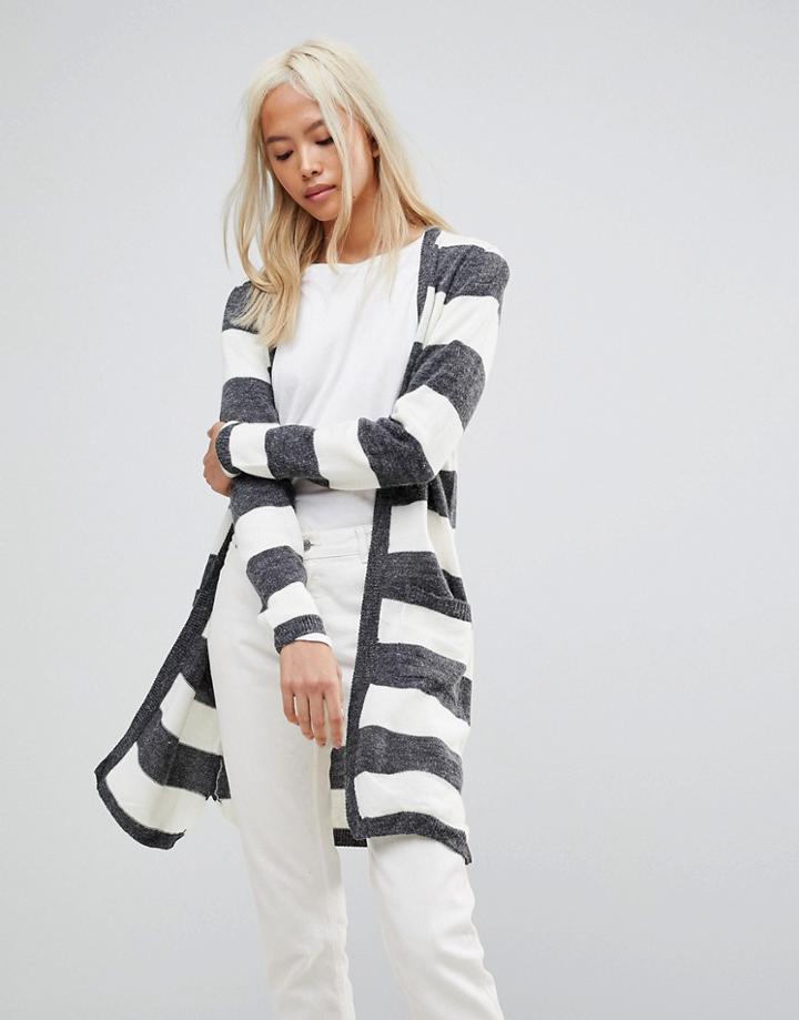 Blend She San Long Striped Knit Cardigan - Gray