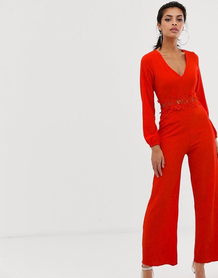 Ax Paris Long Sleeve Jumpsuit With Belt Detail - Red