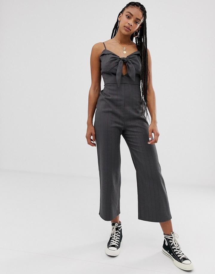 Wild Honey Tie Front Cami Jumpsuit In Pinstripe-gray