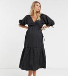 Asos Design Maternity Cotton Poplin Wrap Front Smock Midi Dress In Black