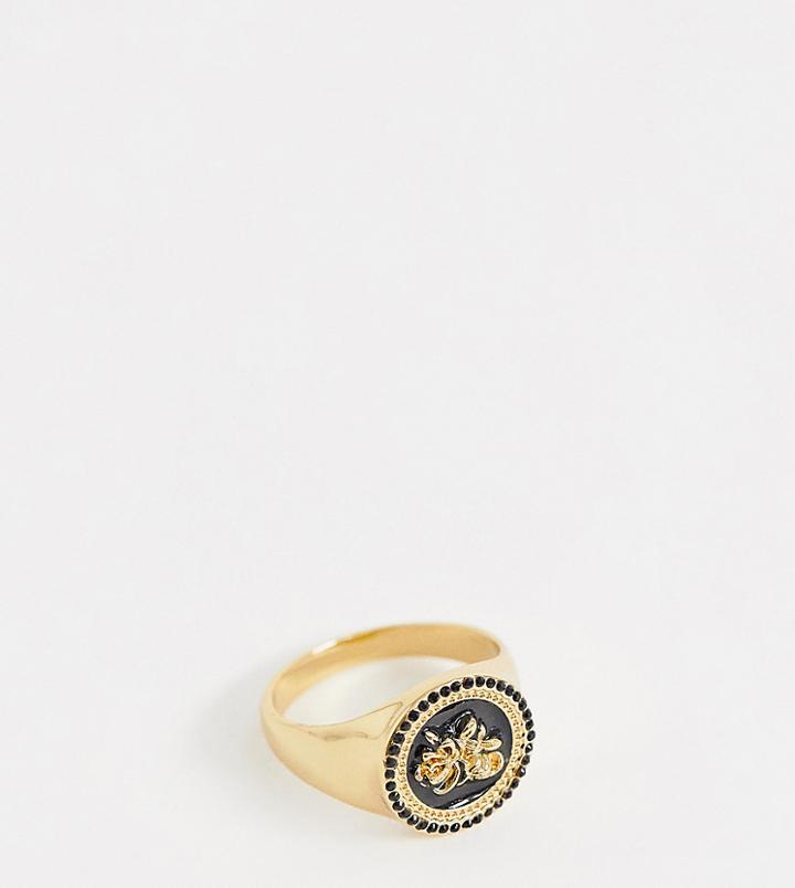 Asos Design Plus Gold Plated Signet Ring With Rose And Swarovski Crystals - Gold