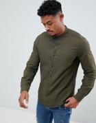 Pull & Bear Shirt In Green With Grandad Collar - Green